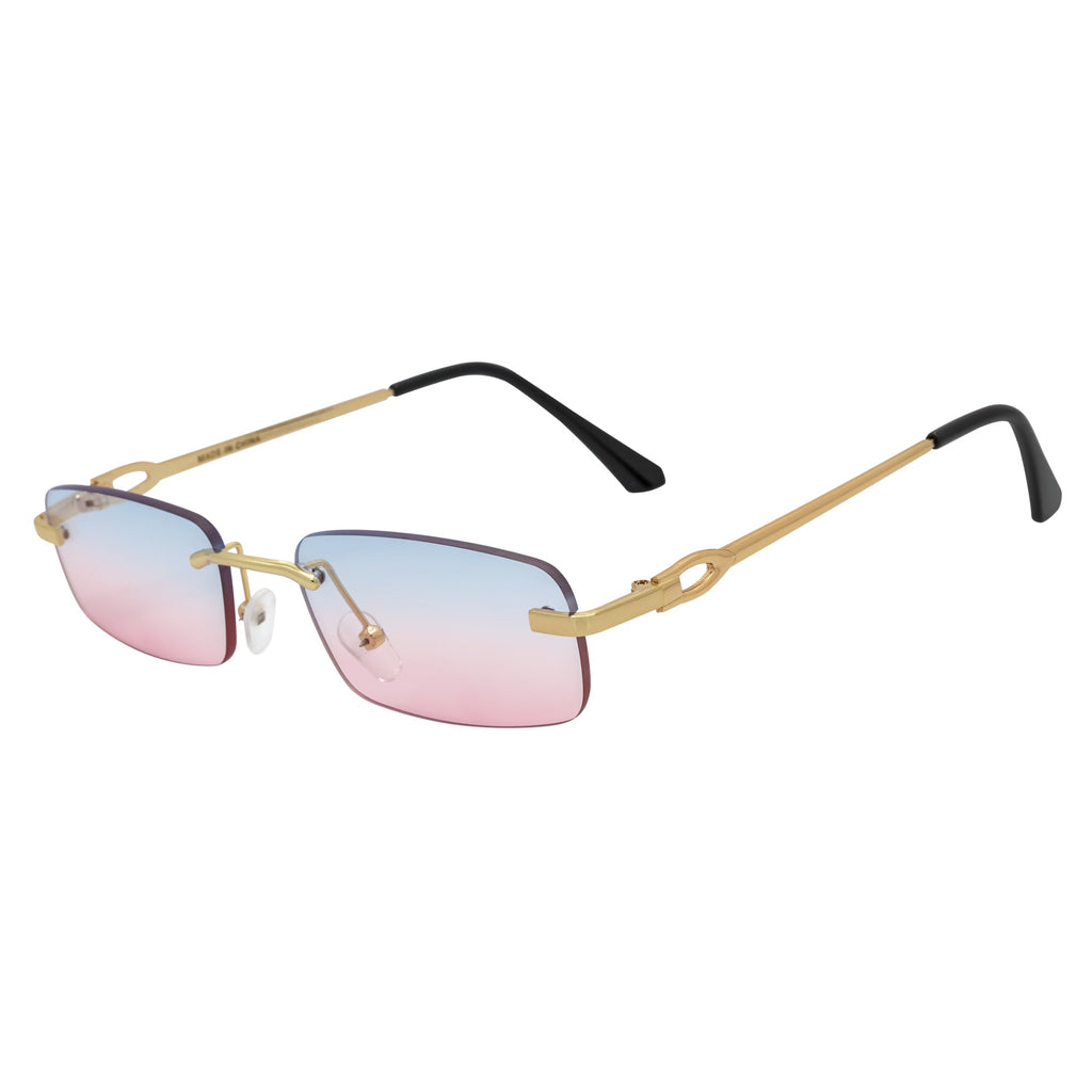 CHANELLE - Rimless Small Rectangle Sunglasses Gold Blue-Pink Fade
