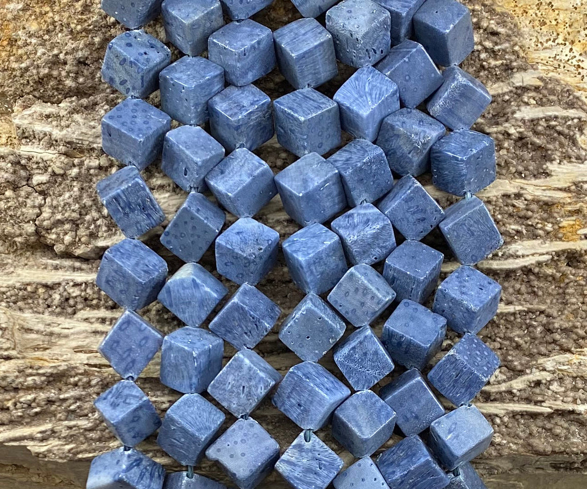 Natural Blue Coral Side Hole Cube 8-9mm 12-13mm